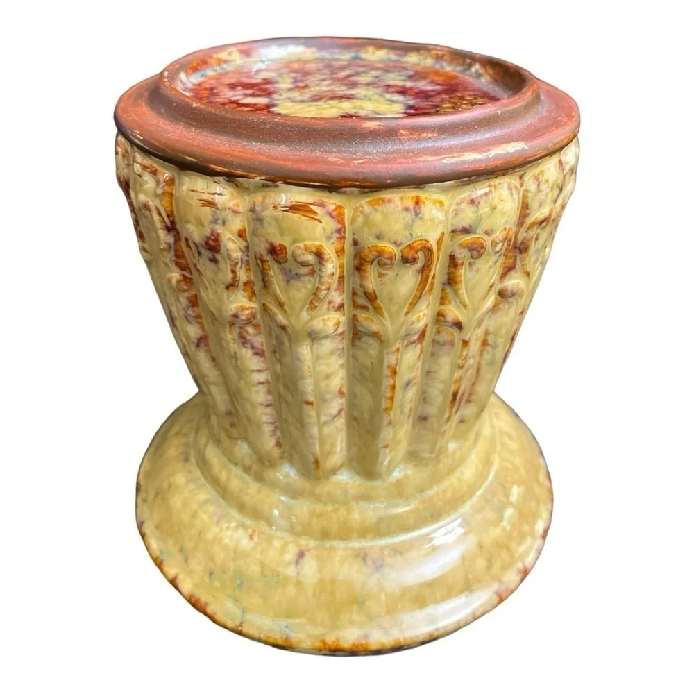 Vintage Glazed Ceramic Pedestal Pillar Candle Holder Heart Scroll 4.75 Inch